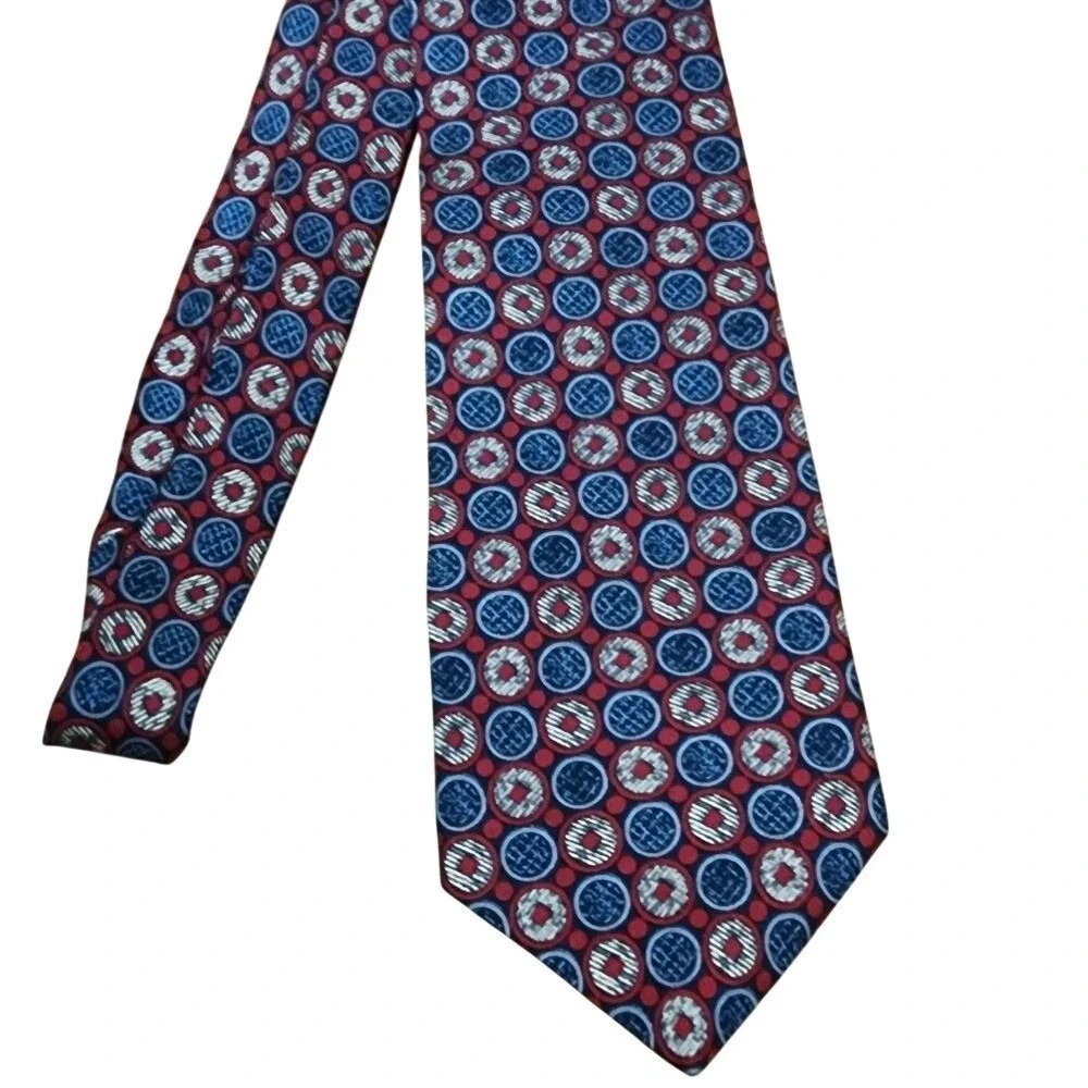 Oscar de la Renta Silk Necktie Couture Collection Burgundy Blue Geo Print USA